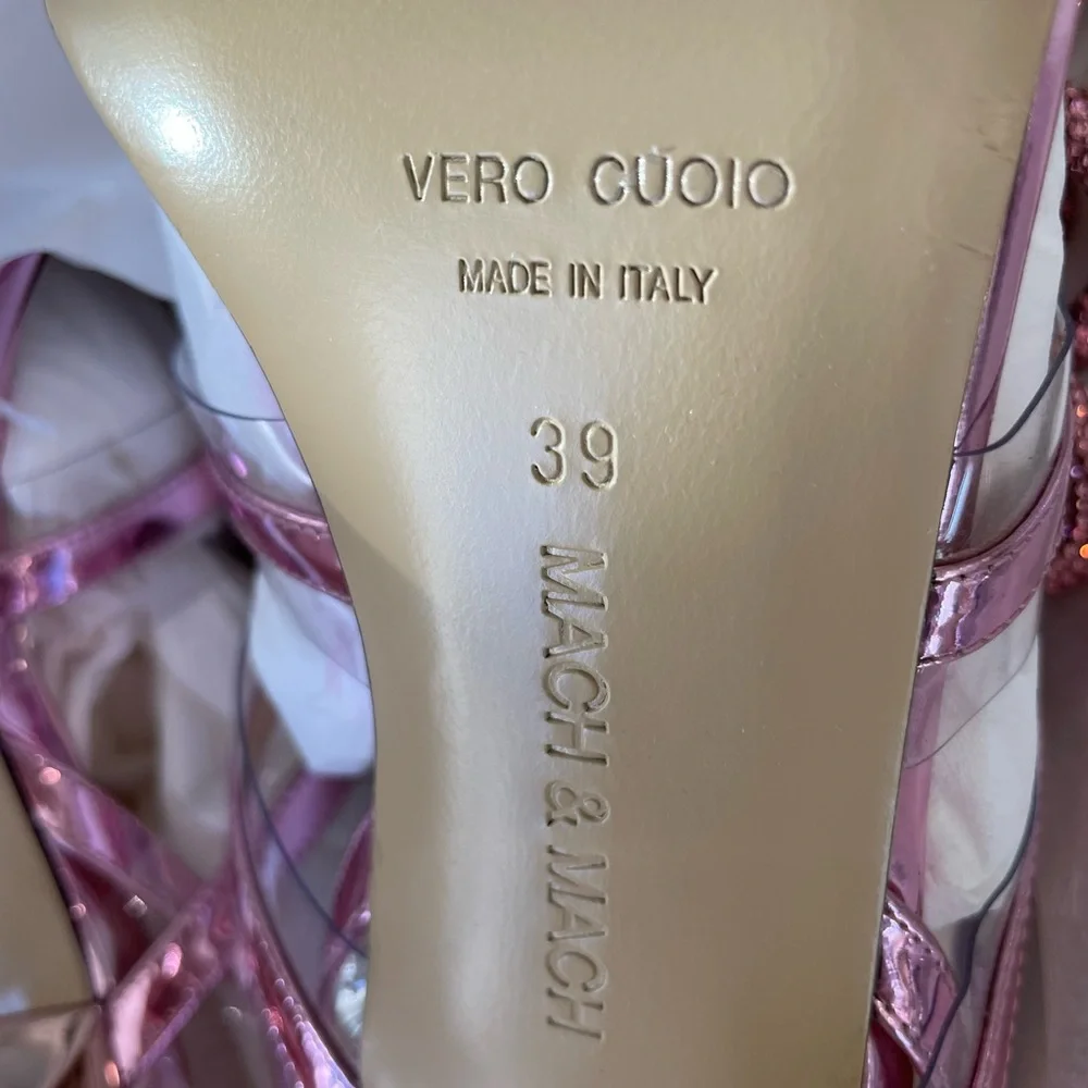 Mach and Mach triple bow pink metallic pump crystal sandal sz 39
